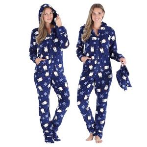 Women's Blue Fleece Hooded Footed Onesie Pajamas
